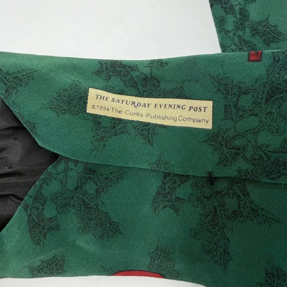 Norman Rockwell Saturday Evening Post Santa Globe Silk Christmas Tie Green Mens